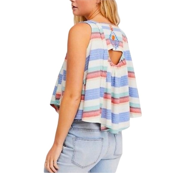 Free People Vintage Embroidered Striped Blue Peach Cotton Tank Top - Picture 1 of 14